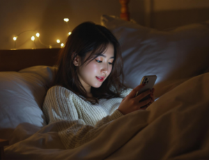 A_young_Korean_woman_looking_at_her_phone_in_bed_a-1737094912317.png