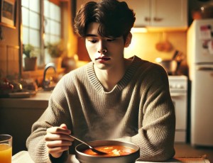 DALL·E 2025-03-15 08.49.59 - A young Korean man sitting at a table in a cozy kitchen, drinking hot soup for a hangover recovery. He looks slightly tired but relieved, wearing casu.jpg