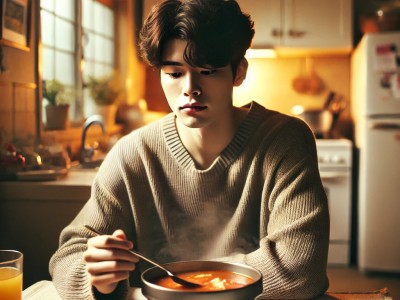 DALL·E 2025-03-15 08.49.59 - A young Korean man sitting at a table in a cozy kitchen, drinking hot soup for a hangover recovery. He looks slightly tired but relieved, wearing casu.jpg