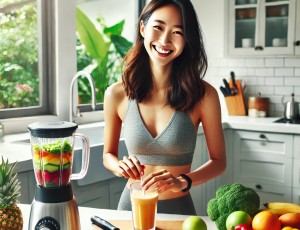 DALL·E 2025-03-15 11.56.49 - A healthy Korean woman in a bright, modern kitchen preparing a nutritious smoothie with fresh fruits and vegetables. She is smiling, wearing comfortab.jpg