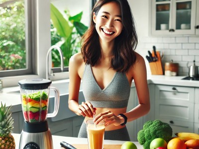 DALL·E 2025-03-15 11.56.49 - A healthy Korean woman in a bright, modern kitchen preparing a nutritious smoothie with fresh fruits and vegetables. She is smiling, wearing comfortab.jpg