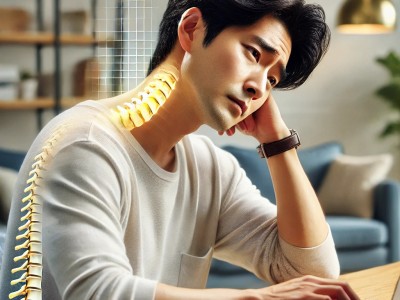 DALL·E 2025-03-17 12.18.57 - A realistic digital photo of a Korean man in his late 20s sitting at a desk with poor posture, showing symptoms of text neck syndrome (forward head .jpg