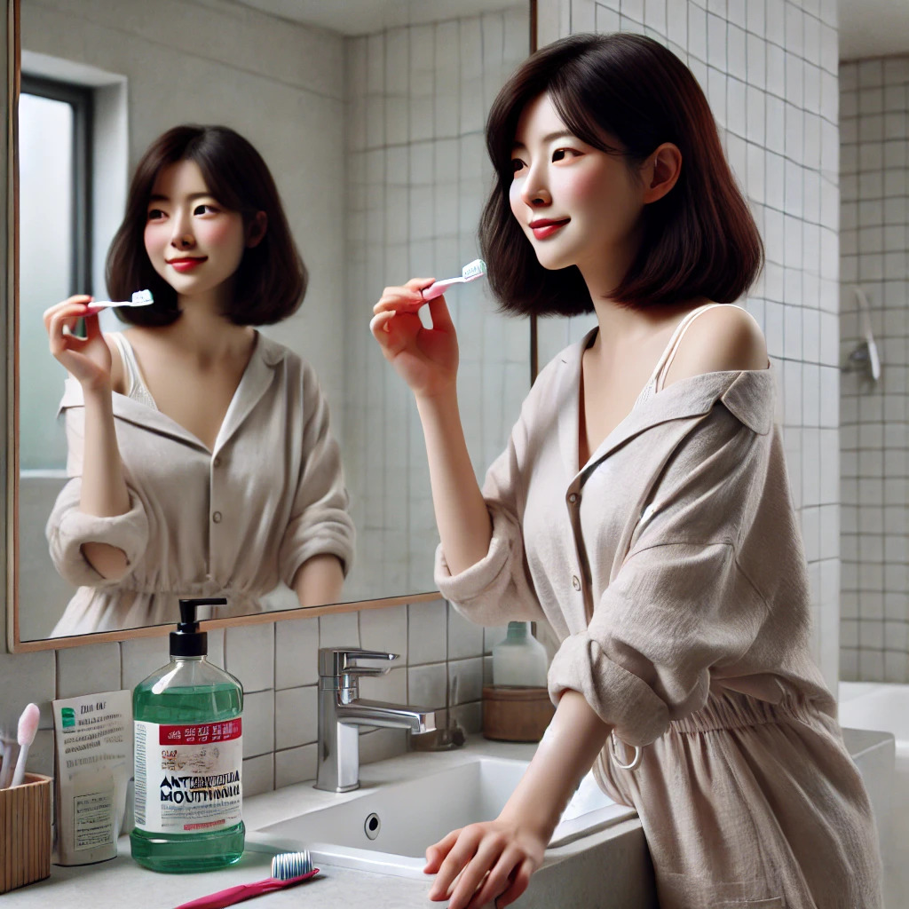 DALL·E 2025-04-06 15.02.34 - A realistic photo of the same Korean woman in her 30s from previous images, now standing in a modern bathroom while using mouthwash. She is wearing co.jpg