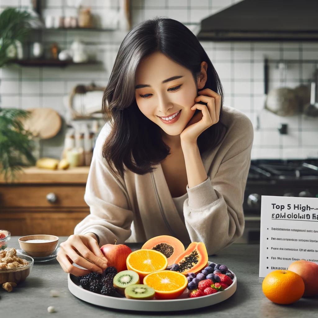 DALL·E 2025-04-10 09.19.25 - A cinematic, high-quality realistic photo of the same Korean woman in her 30s from previous images, now in a modern kitchen preparing a fruit plate. S.jpg