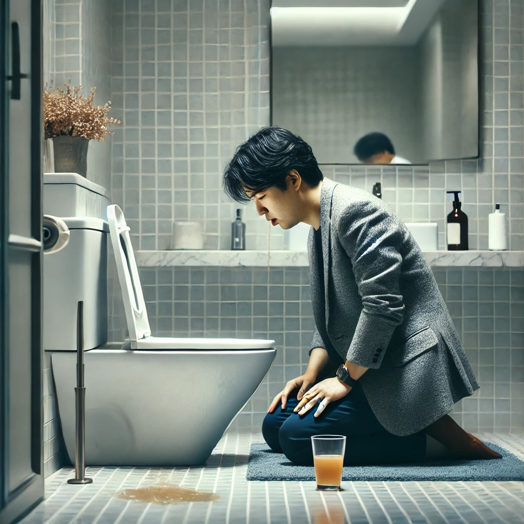 DALL·E 2025-04-15 14.33.20 - A cinematic, ultra-realistic image of a Korean man in his 30s kneeling on the floor of a modern bathroom, vomiting into a toilet. His face shows reali.jpg