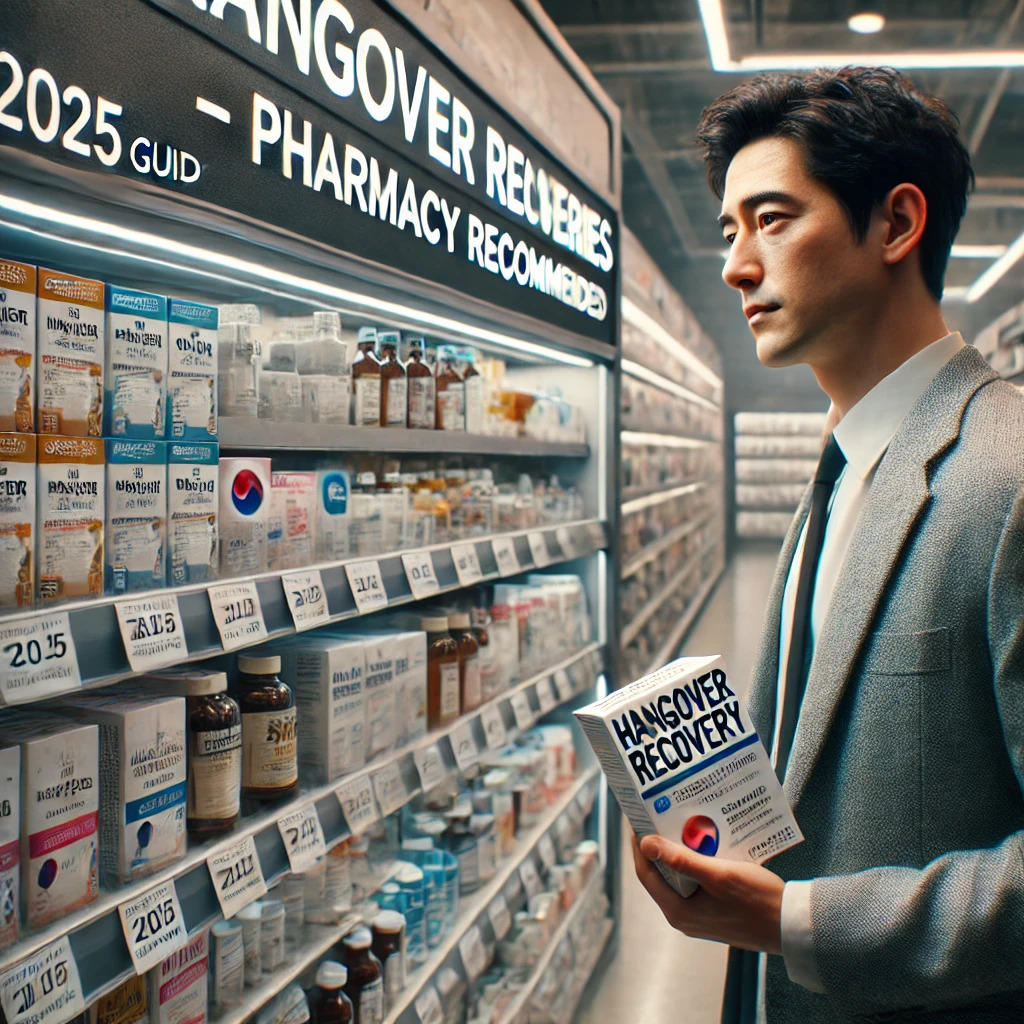 DALL·E 2025-04-15 14.33.31 - A cinematic, ultra-realistic image of a Korean man in his 30s standing in a pharmacy, looking at a shelf with various hangover relief supplements. He .jpg