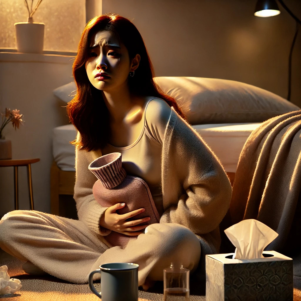 DALL·E 2025-04-17 19.26.01 - A cinematic, ultra-realistic image of a young Korean woman in her 20s sitting on the floor beside her bed in a softly lit room, looking emotionally ov.jpg