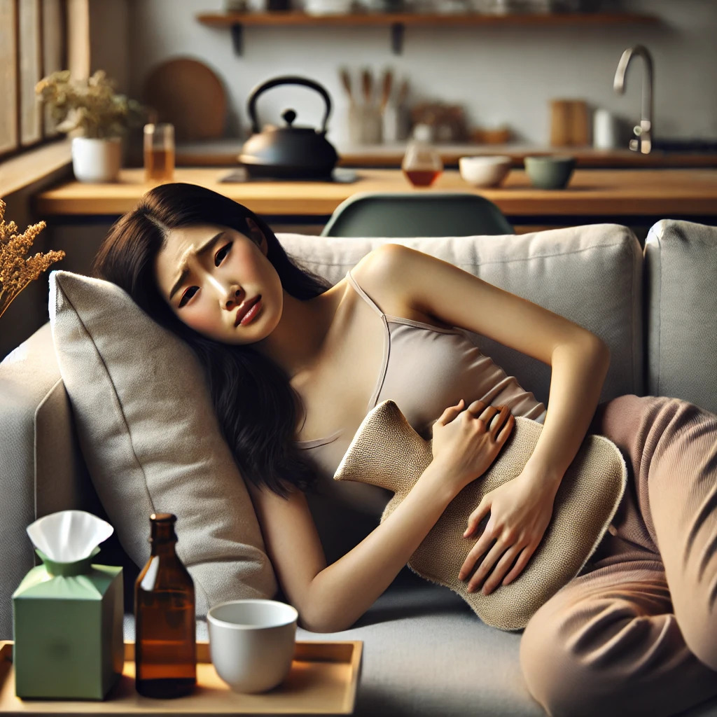 DALL·E 2025-04-17 19.26.07 - A cinematic, ultra-realistic image of a young Korean woman in her 20s lying on a couch in a modern apartment, holding her abdomen with a hot water bot.jpg