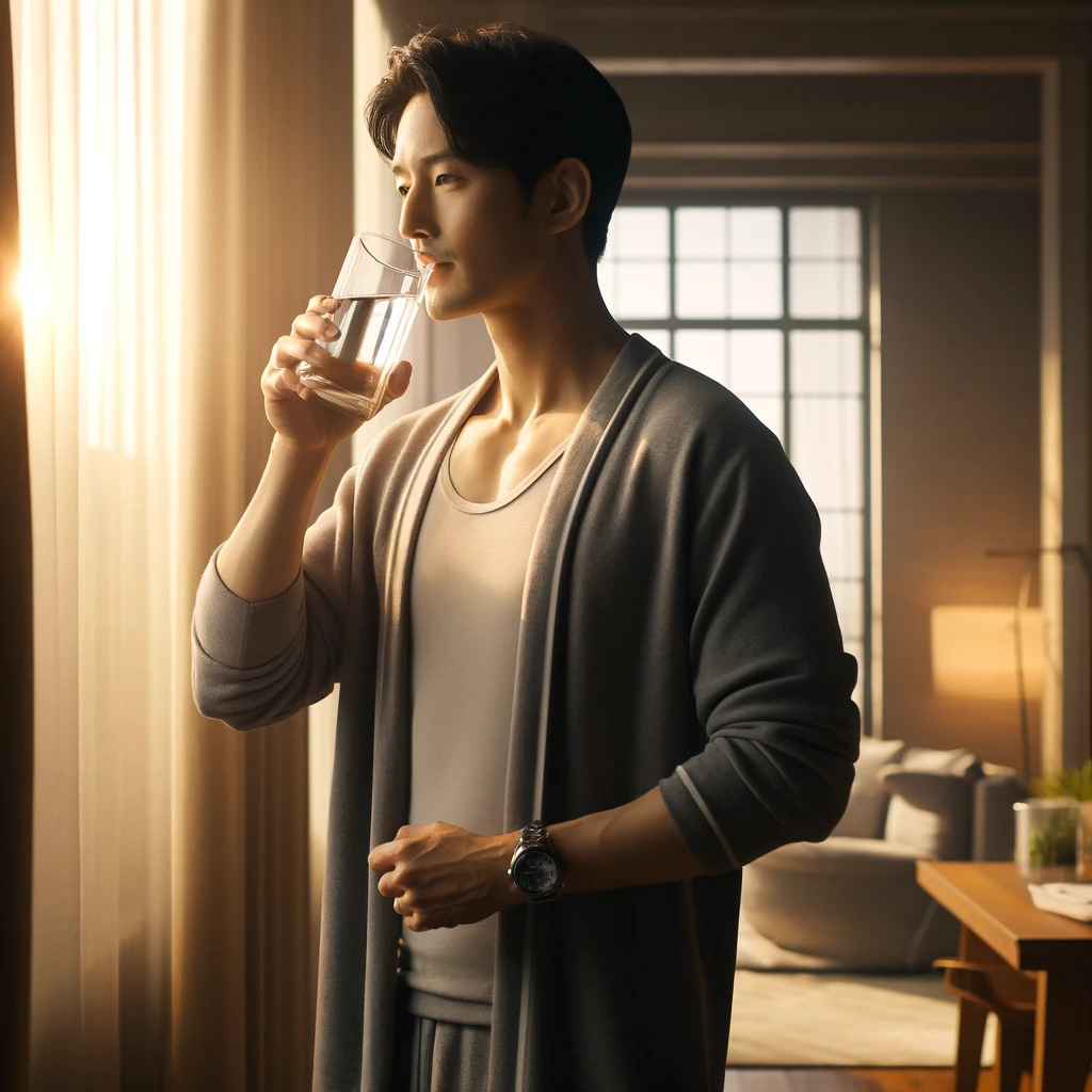 DALL·E 2025-04-21 10.03.01 - A cinematic, ultra-realistic image of a Korean man in his 30s standing by a window in a modern, sunlit Korean apartment, drinking a glass of water fir.jpg