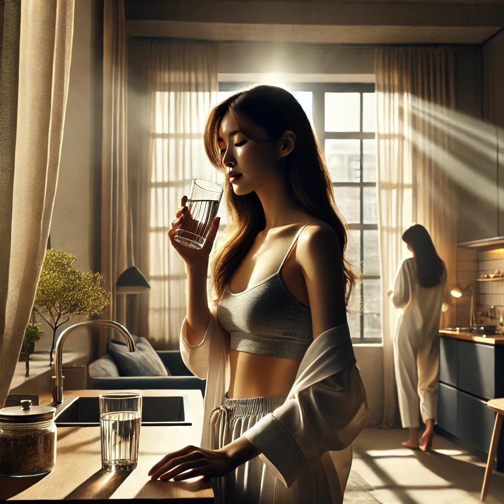 DALL·E 2025-04-21 10.02.29 - A cinematic, ultra-realistic image of a Korean woman in her 30s standing by a sunlit window in a modern apartment, drinking a glass of water in the mo.jpg
