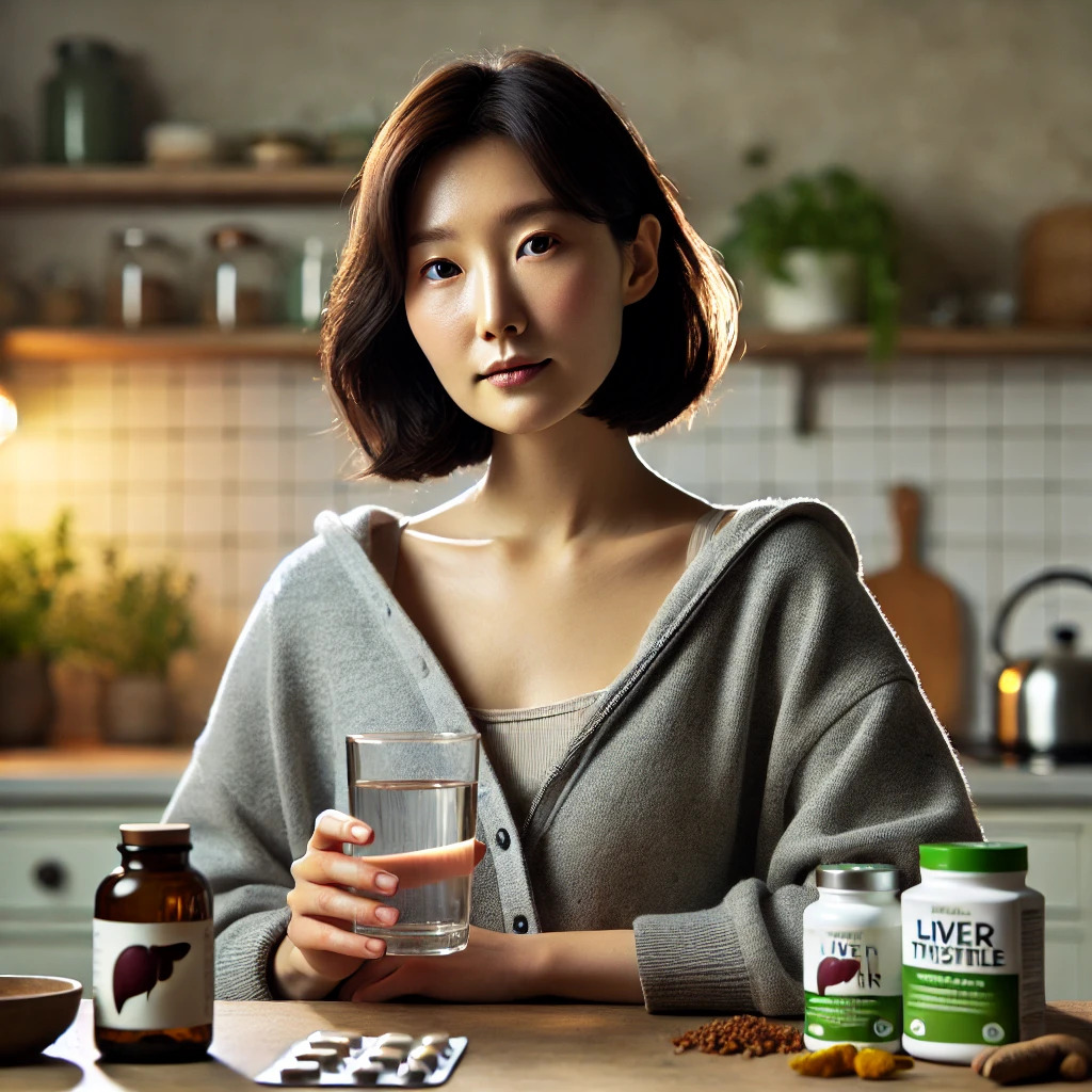 DALL·E 2025-04-23 10.34.12 - A realistic, cinematic-quality image of a Korean person in their 30s or 40s, looking healthy and focused in a well-lit kitchen, holding a glass of wat.jpg