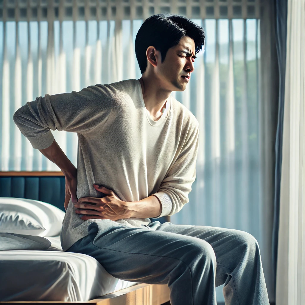 DALL·E 2025-04-23 16.59.43 - A realistic, high-quality cinematic image of a Korean man in his 40s or 50s, wearing casual home clothes, experiencing lower back pain in the morning.jpg