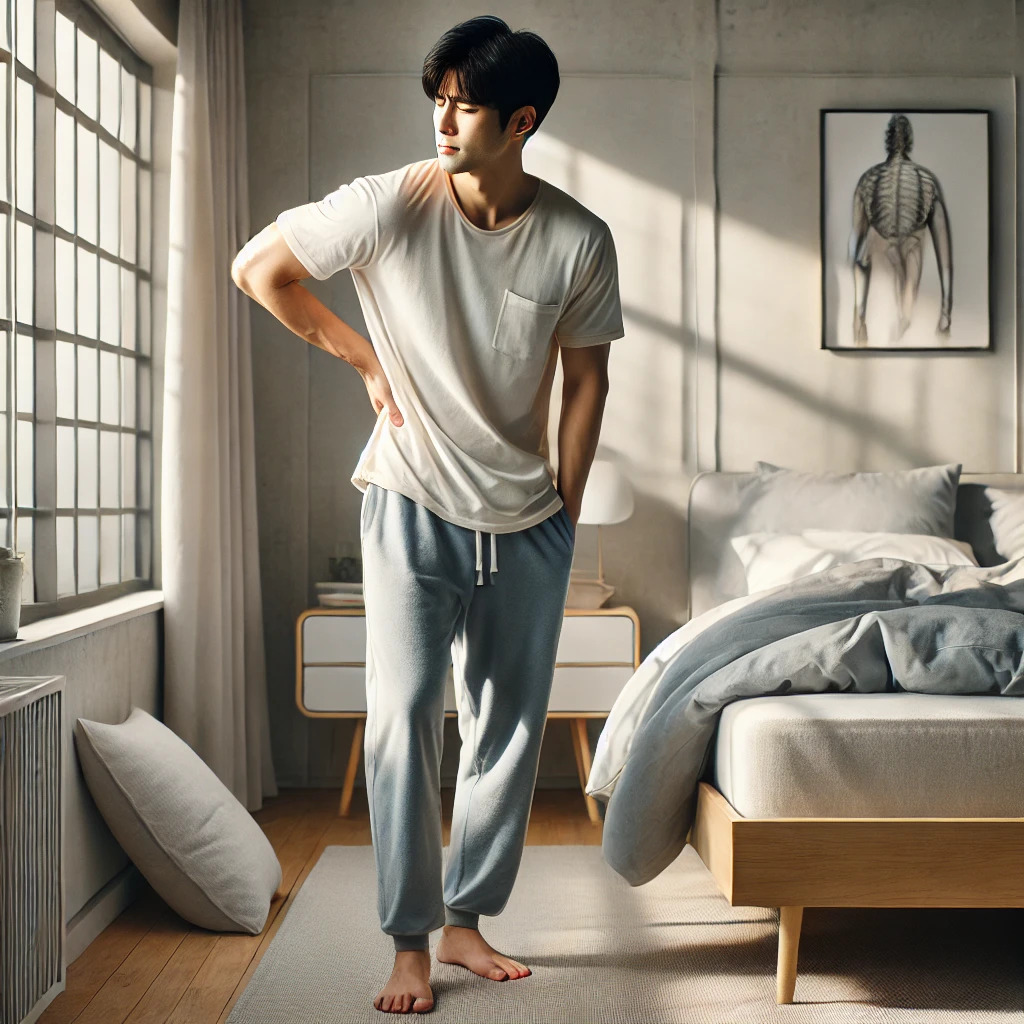 DALL·E 2025-04-23 17.00.49 - A realistic, cinematic-quality image of a Korean man in his 30s to 40s, wearing casual homewear, standing beside a bed in a morning-lit bedroom, holdi.jpg