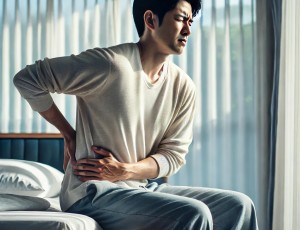 DALL·E 2025-04-23 16.59.43 - A realistic, high-quality cinematic image of a Korean man in his 40s or 50s, wearing casual home clothes, experiencing lower back pain in the morning.jpg